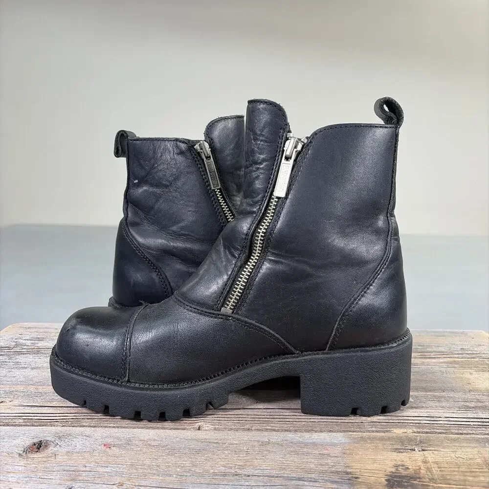 Harley Davidson Womens Black Leather Side Zip Biker Boots Size 7.5 Ankle Charity